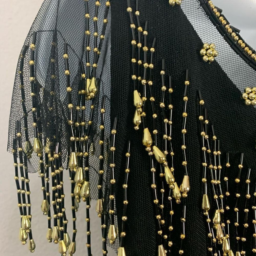 Vintage Black Christmas New Years Festive Dress w/ Gold Sheer Beaded Overlay - Picture 8 of 14